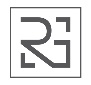 A geometric logo with stylized gray letters “R” and “G” inside a square border on a light background.